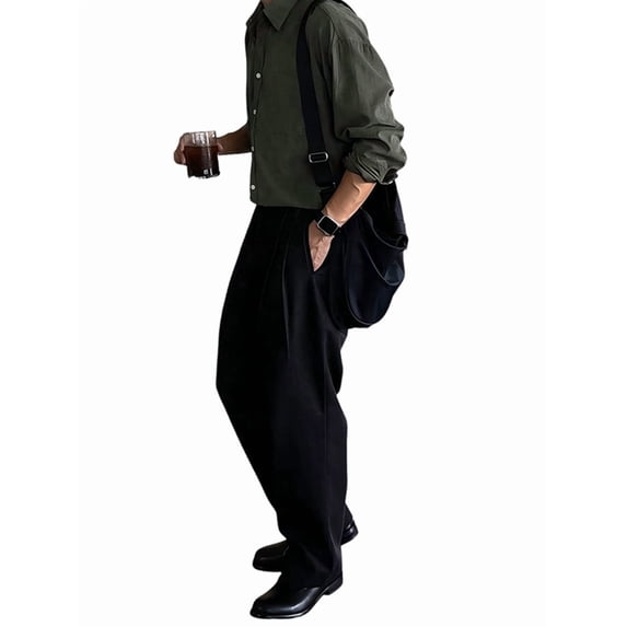 Mens Vintage Dress Pants Old Money Style Pleated Baggy Wide Leg Slacks for Work & Casual Wear Black XXXL