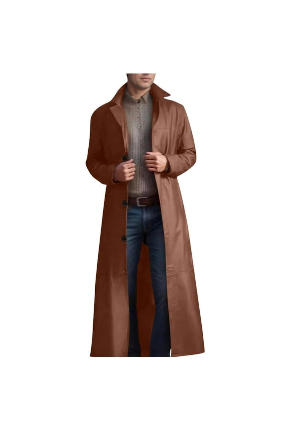 Mens Vintage Faux Leather Trench Coat Full Length Brown Classic Ww2 Military Leather Jacket Steampunk Moto Overcoat