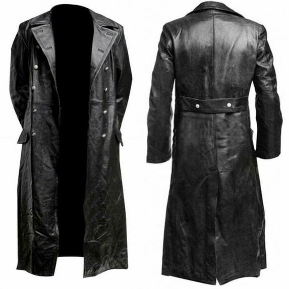 Mens Vintage Faux Leather Trench Coat Steampunk Gothic Full Length Overcoat Windproof Big and Tall Motorcycle Jacket