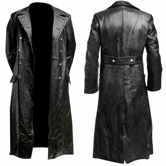 Mens Vintage Faux Leather Trench Coat Steampunk Gothic Full Length Overcoat Windproof Big and Tall Motorcycle Jacket