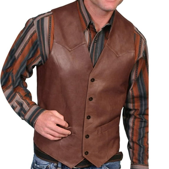 Mens Vintage Faux Leather Vest V-neck Button Down Slim Fit Waistcoat Western Cowboy Sleeveless Jacket