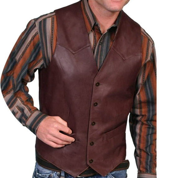 Mens Vintage Faux Leather Vest V-neck Button Down Slim Fit Waistcoat Western Cowboy Sleeveless Jacket