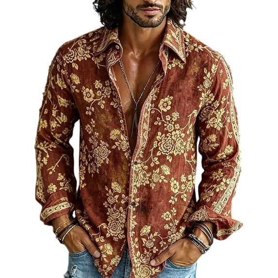 Mens Vintage Floral Lapel Long Sleeve Shirt, Soft Button Down Blouse, Retro Street Travel Casual Men Shirt