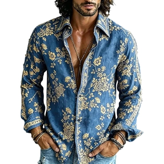 Mens Vintage Floral Lapel Long Sleeve Shirt, Soft Button Down Blouse, Retro Street Travel Casual Men Shirt