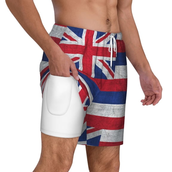 Mens Vintage Hawaiian Flag Swimming Trunks with Compression Liner Beach Quick Dry Swim Shorts