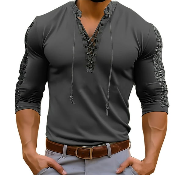 Mens Vintage Henleys Shirts Gothic Lace Up V Neck Slim Fit Muscle Sports Blouse Tops Casual Lightweight Long Sleeve Gym Athletic Sweatshirts