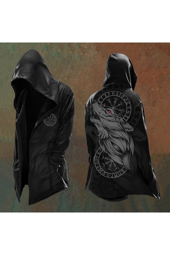 Mens Vintage Hooded Jackets Norse Mythology Motorcycle Jacket Casual Loose Long Sleeve Cardigan Coat Black L