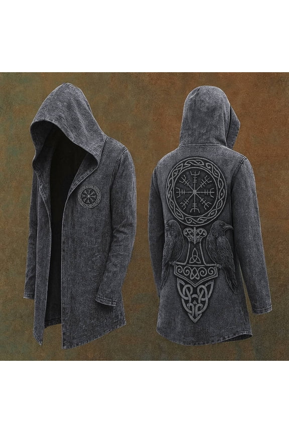 Mens Vintage Hooded Jackets Norse Mythology Motorcycle Jacket Long Sleeve Cardigan Coat Casual Loose Grey L
