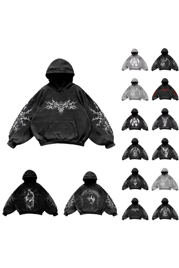 Mens Vintage Hoodies Y2K Graphic Pullover Long Sleeve Hooded Sweatshirt Streetwear Loose Black L