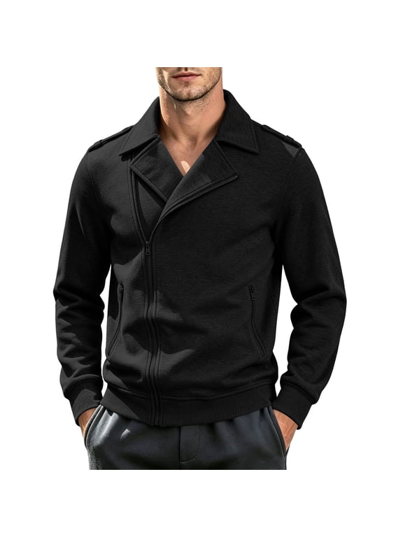 Mens Vintage Jacket Lapel Asymmetric Zip-Up Slim Fit Biker Coat Motorcycle Jackets