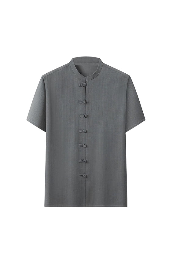 Mens Vintage Jacquard Shirts Short Sleeve Button Up Collarless Retro Frog Button Summer Stylish Business Casual Tops Lightweight Breathable Holiday Travel