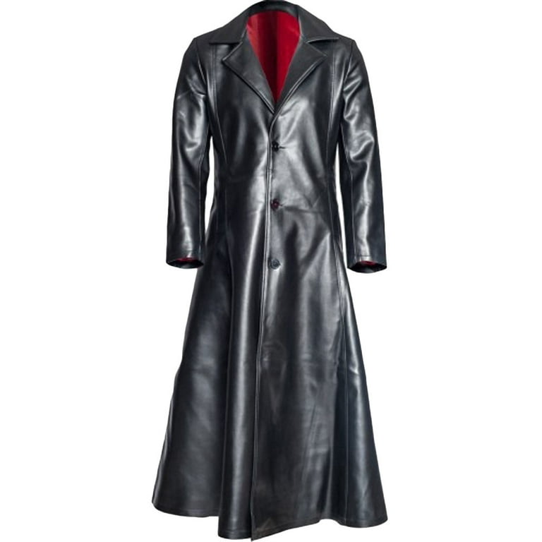Mens Vintage Long Coat Faux Leather German Classic Military Uniform Leather  Trench Coat Long Jacket Overcoat