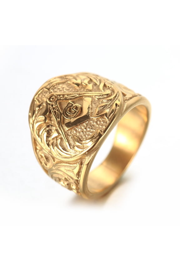 Mens Vintage Masonic Titanium Steel Ring, European American Style, Geometric Design, Electroplated Finish