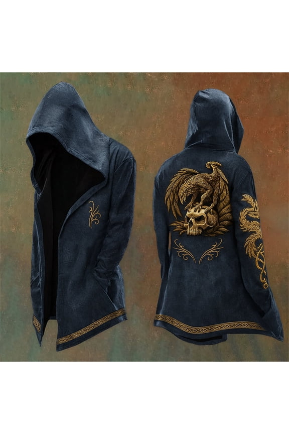 Mens Vintage Norse Jackets Long Sleeve Hooded Mythology Cardigan Motorcycle Jacket Relaxed Fit Coat Navy XXL