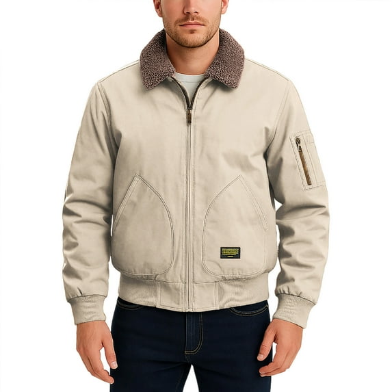 Mens Vintage Motorcycle Jackets Classic Lapel Neck Zip Up Coat Solid Color Sherpa Lined Utility Jacket