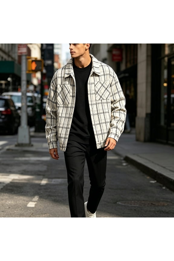 Mens Vintage Plaid Tweed Jacket, Snap Button Loose Fit Lapel Collar Casual Shacket, Luxury Textured Fall Winter Streetwear Coat White