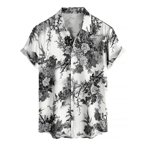 Mens Vintage Printed Shirt Short Sleeve Button Down Tops Casual Floral Summer Beach Shirt L