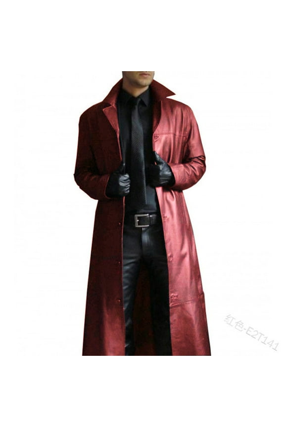 Mens Vintage Retro Black Leather Jacket Classic Long Steampunk Overcoat Officer Military Uniform Leather Trench Coat Jacket