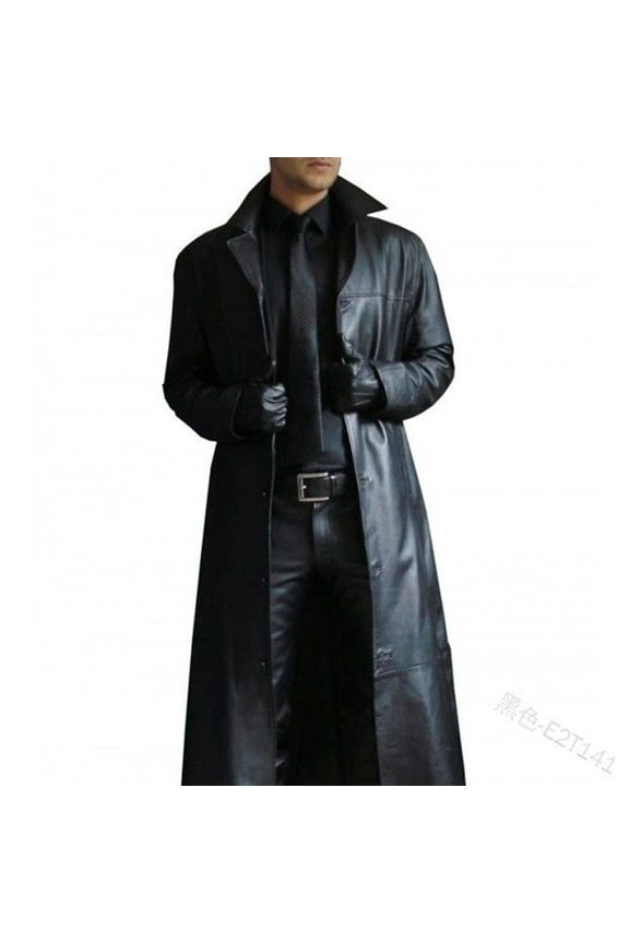 Mens Vintage Retro Black Leather Jacket Classic Long Steampunk Overcoat Officer Military Uniform Leather Trench Coat Jacket