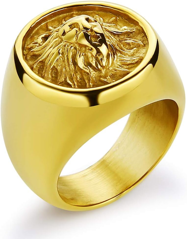 Men’s Gold Lion Head Ring – 316L Stainless Steel, Viking Punk Style, Sizes 7-14