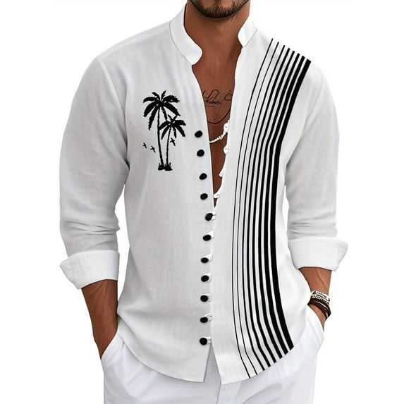 Mens Vintage Shirt Casual Button Down Shirts Long Sleeve Summer Beach Shirts White L