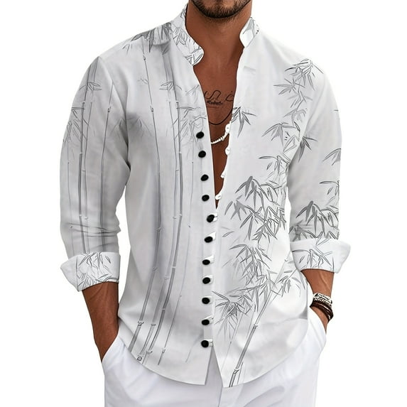 Mens Vintage Shirt Casual Button Down Shirts Long Sleeve Summer Beach Shirts White bamboo 3XL