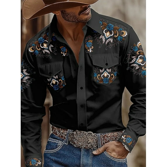 Mens Vintage Shirt Long Sleeve Button Down Casual Western Cowboy Shirt Jacket with Pockets Black M