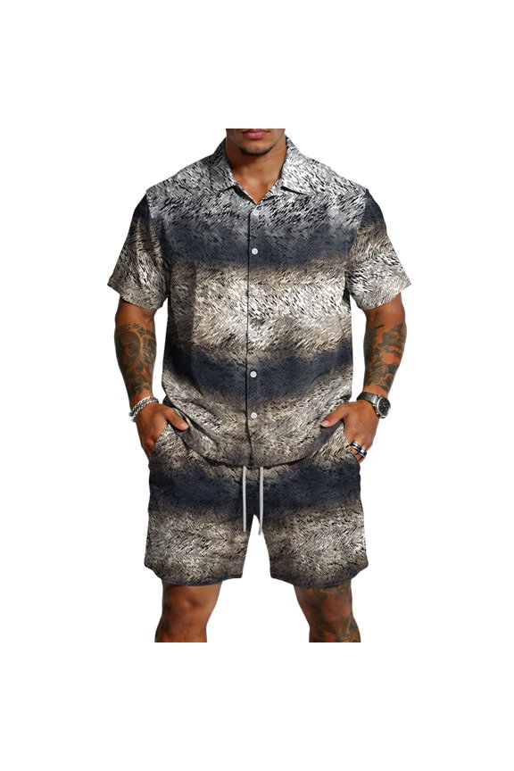 Mens Vintage Shirt and Shorts Set Retro Print Button Up Camp Collar Top with Elastic Waist Shorts Casual Summer Beach Outfit