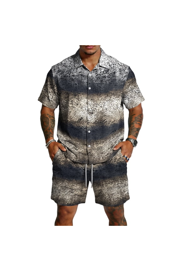 Mens Vintage Shirt and Shorts Set Retro Print Button Up Camp Collar Top with Elastic Waist Shorts Casual Summer Beach Outfit