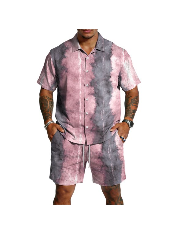 Mens Vintage Shirt and Shorts Set Retro Print Button Up Camp Collar Top with Elastic Waist Shorts Casual Summer Beach Outfit