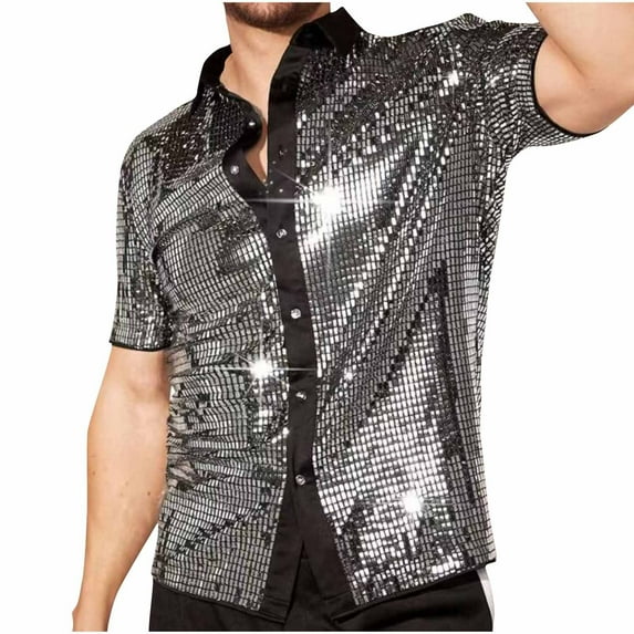 Mens Vintage Shirts Shiny Sequins Lapel Button Up Short Sleeve Party Shirt Trendy Party Nightclub Prom Costume