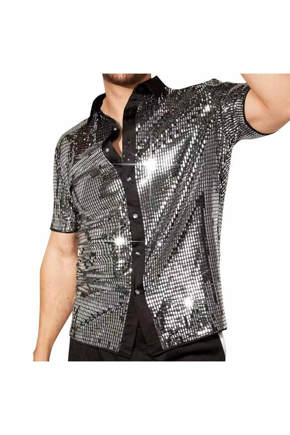 Mens Vintage Shirts Shiny Sequins Lapel Button Up Short Sleeve Party Shirt Trendy Party Nightclub Prom Costume