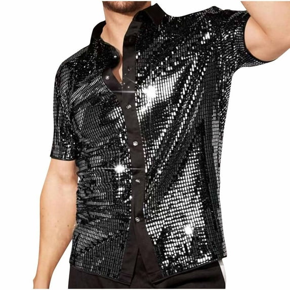 Mens Vintage Shirts Shiny Sequins Lapel Button Up Short Sleeve Party Shirt Trendy Party Nightclub Prom Costume