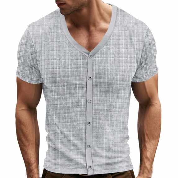Mens Vintage Short Sleeve Button Down Shirt Plaid Textured Deep V Neck Slim Fit T-Shirts Casual Hawaiian Tops Lightweight Breathable Daily Father's Day Gift