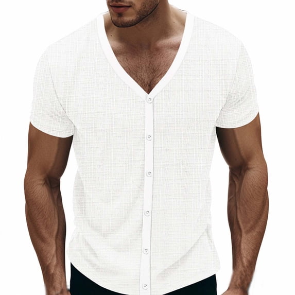 Mens Vintage Short Sleeve Button Down Shirt Plaid Textured Deep V Neck Slim Fit T-Shirts Casual Hawaiian Tops Lightweight Breathable Daily Father's Day Gift