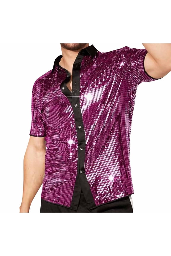 Mens Vintage Sparkle Shirts Shiny Sequins Lapel Button Up Short Sleeve Party Shirt Trendy Party Costume