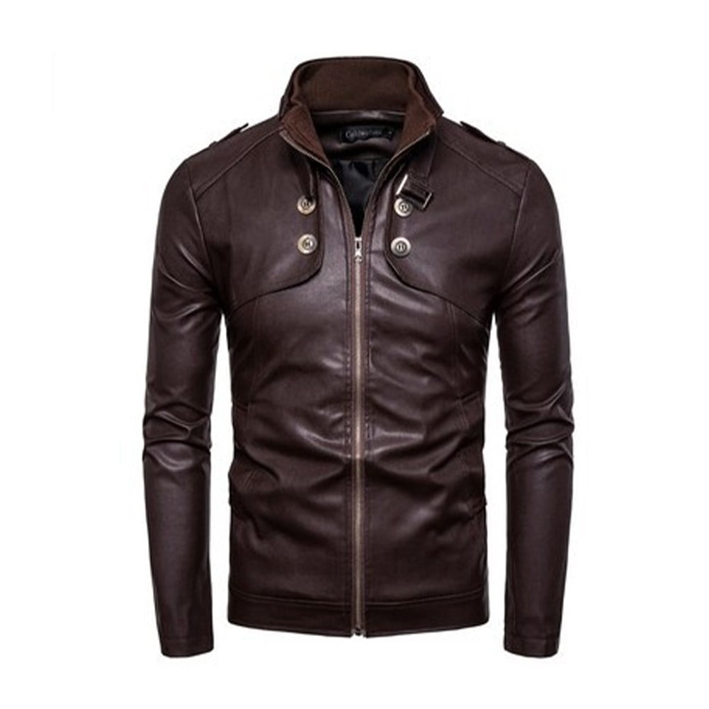 Mens Vintage Stand Collar Pu Leather Slim Fit Biker Jacket Motorcycle