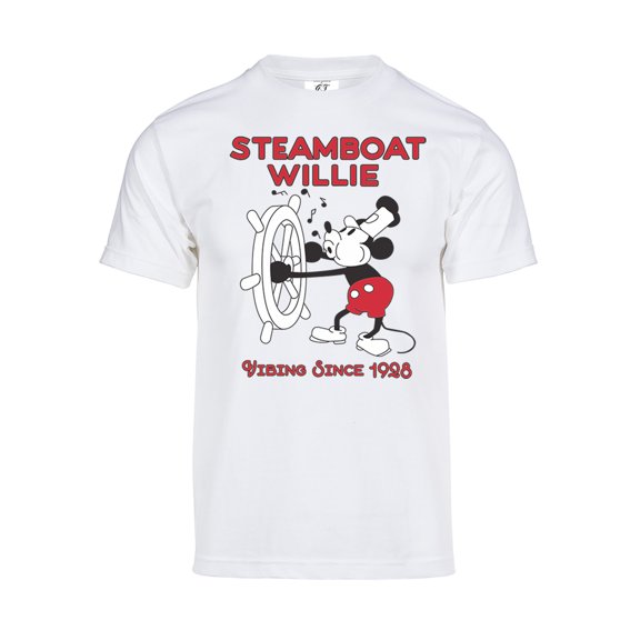 Mens Vintage Steamboat Willie T-Shirt - Classic Vibing Cartoon Shirt, White Medium