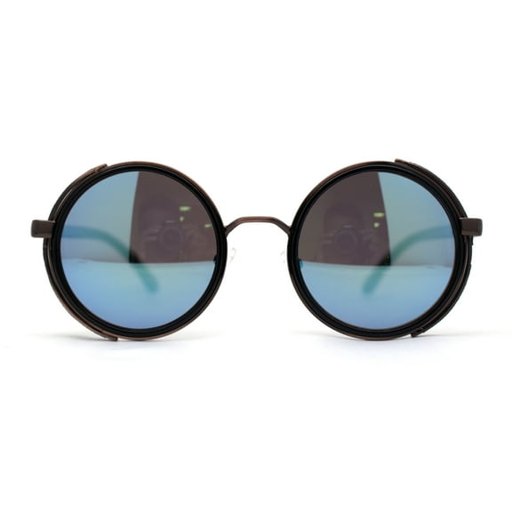 Mens Vintage Style Biker Side Wind Breaker Round Circle Lens Sunglasses Copper Blue Mirror