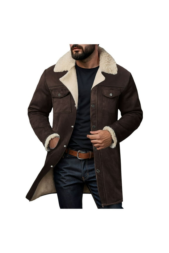 Mens Vintage Suede Jacket Plush Collar Coats Faux Leather Winter Long Jackets Men Zip Up Motorcycle Jacket Coats Retro Patchwork Western