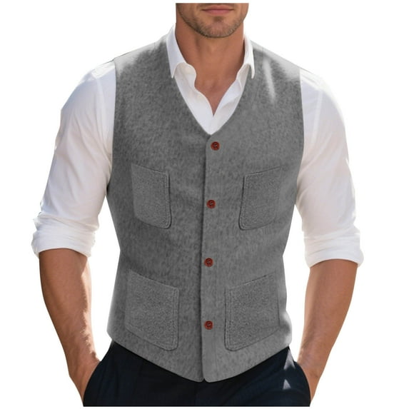 Mens Vintage Suit Vest Single-Breasted V Neck Casual Wool Regular Fit Dress Waistcoat for Wedding Groomsmen