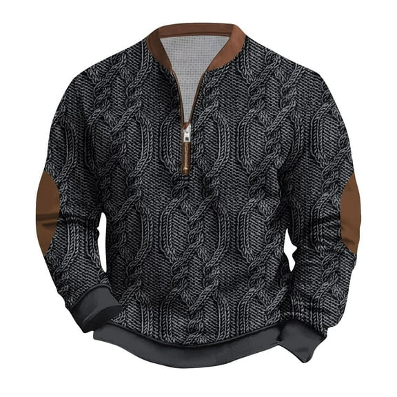 Mens Vintage Sweatshirt Quarter Zip Long Sleeve Knit Sweater Pullover with Elbow Patches