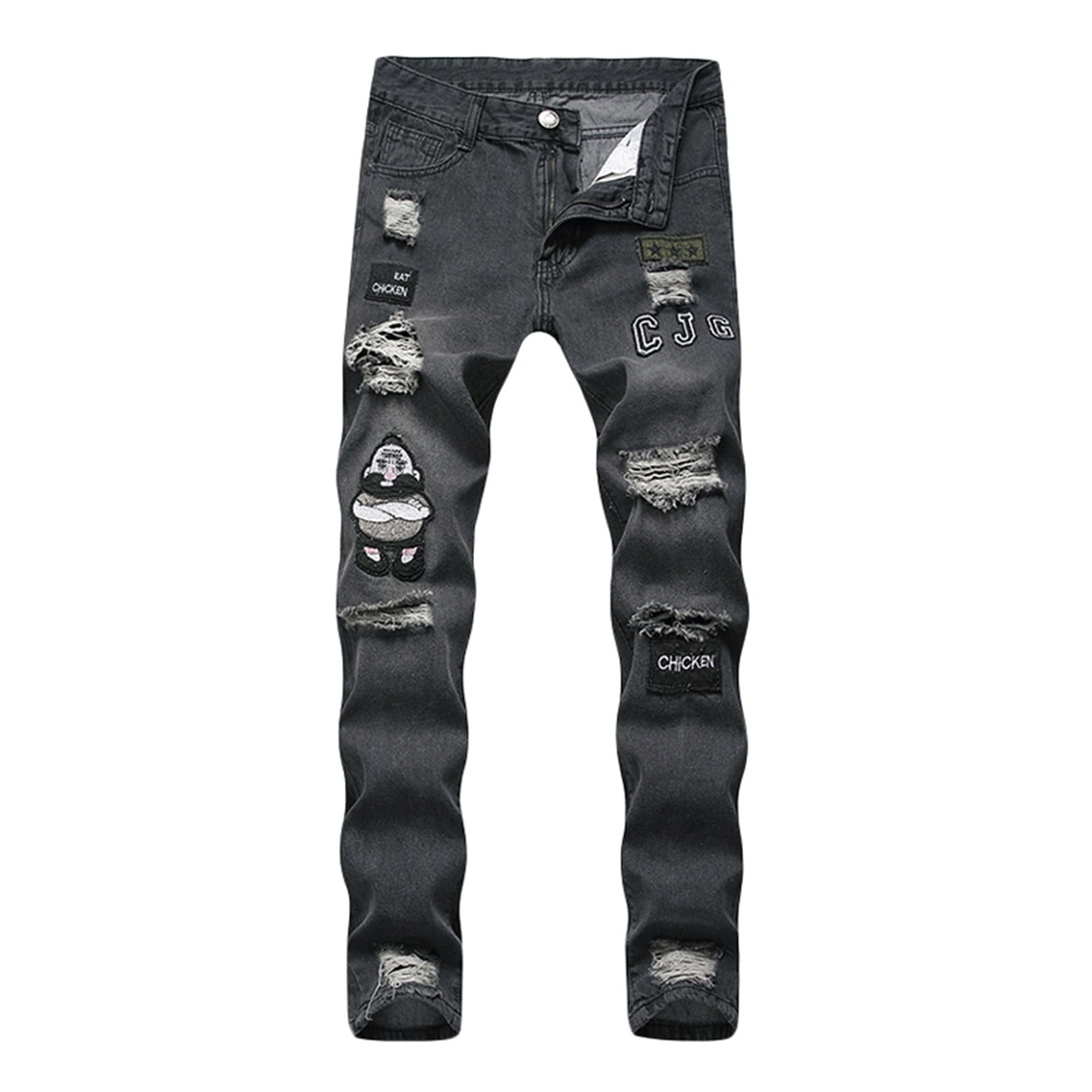 Mens Vintage Tight Ripped Jeans Casual Embroidery Pencil Straight
