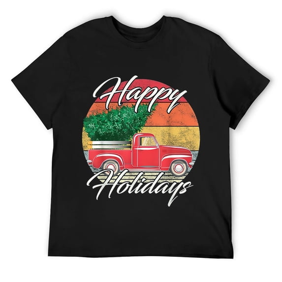 Mens Vintage Truck Christmas Shirt Festive Sunset Happy Holidays T-Shirt Black
