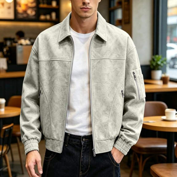 Mens Vintage Washed Faux Suede Flight Bomber Jacket, Lapel Collar Multi Zipper Pockets Elastic Cuff Long Sleeve Fall Winter Golf Coat Coffee