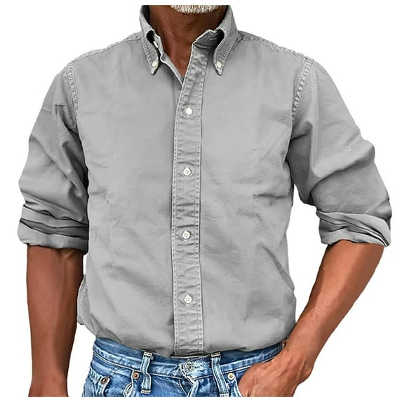 Mens Vintage Washed Long Sleeve Button Down Shirts Classic Lapel Solid Business Shirt Grey XL