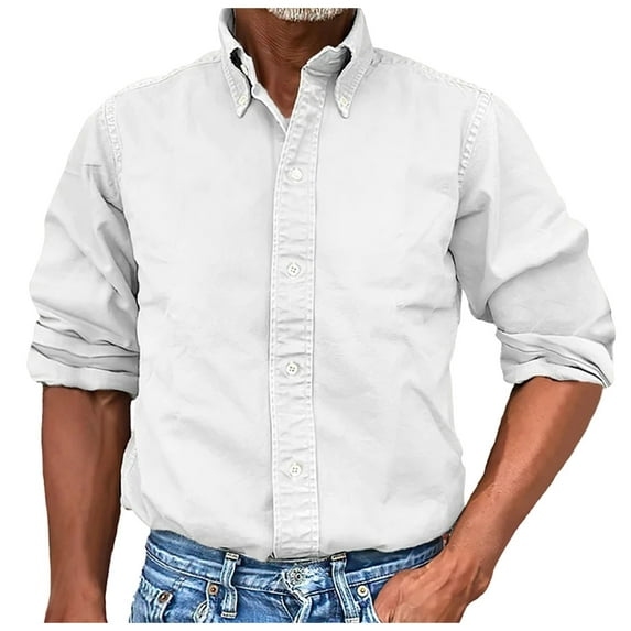 Mens Vintage Washed Long Sleeve Button Down Shirts Classic Lapel Solid Business Shirt White XL