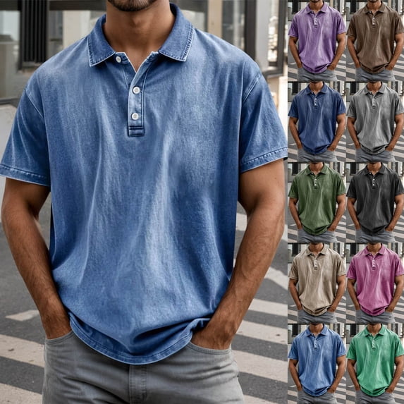 Mens Vintage Washed Polo Shirt Short Sleeve Collared T Shirt Summer Casual Tee GN2 XL