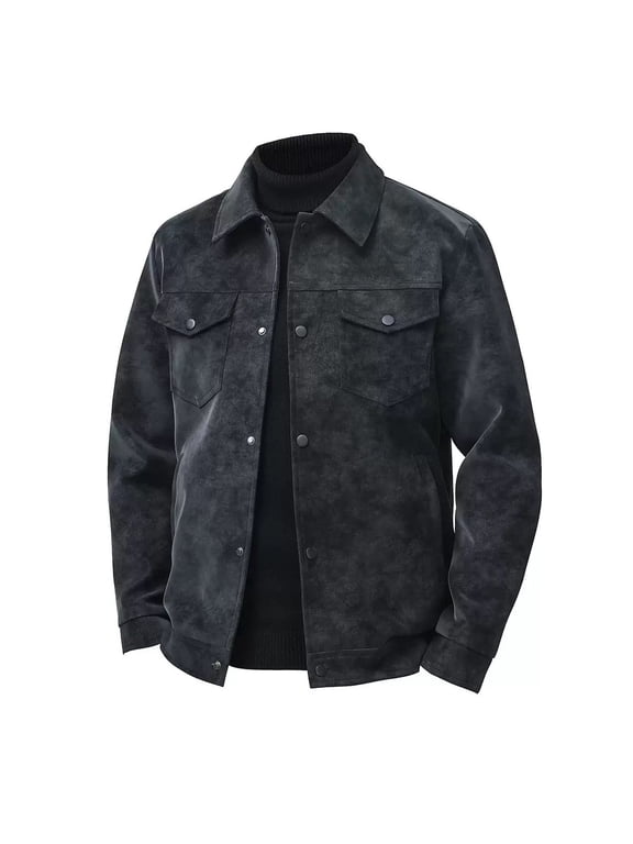 Mens Vintage Waxed Leather Jacket Casual Trucker Coat Turn Down Collar Snap Front Western Style Outerwear