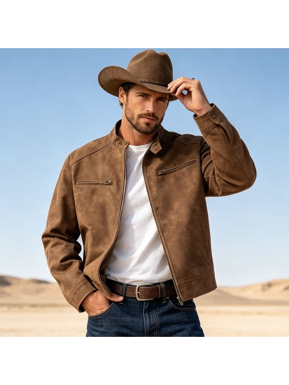 Mens Vintage Western Jacket Faux Suede Bomber Jacket Stand Collar Zip up Jacket, Long Sleeve Slim Fit Coat with Chest Zipper Pockets, Daily Casual Coat Brown-A